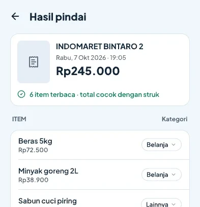 Hasil pindai struk Indomaret Rp245.000: enam item terbaca, masing-masing dengan kategorinya.