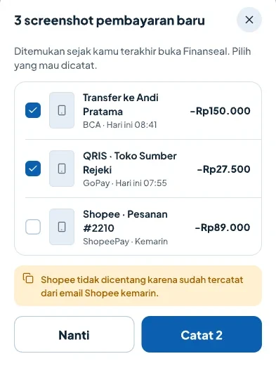 Three new payment screenshots found. Shopee is unticked because it was already logged from an email.