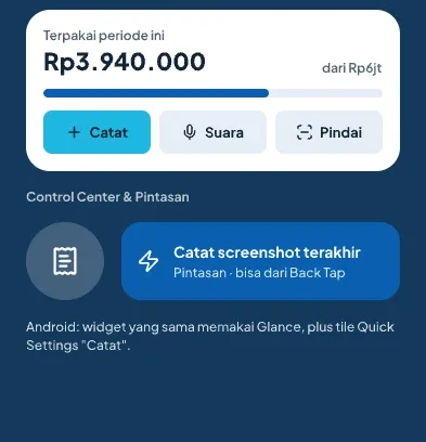 Widget layar utama dengan tombol Catat, Suara, dan Pindai, plus pintasan untuk mencatat screenshot terakhir.